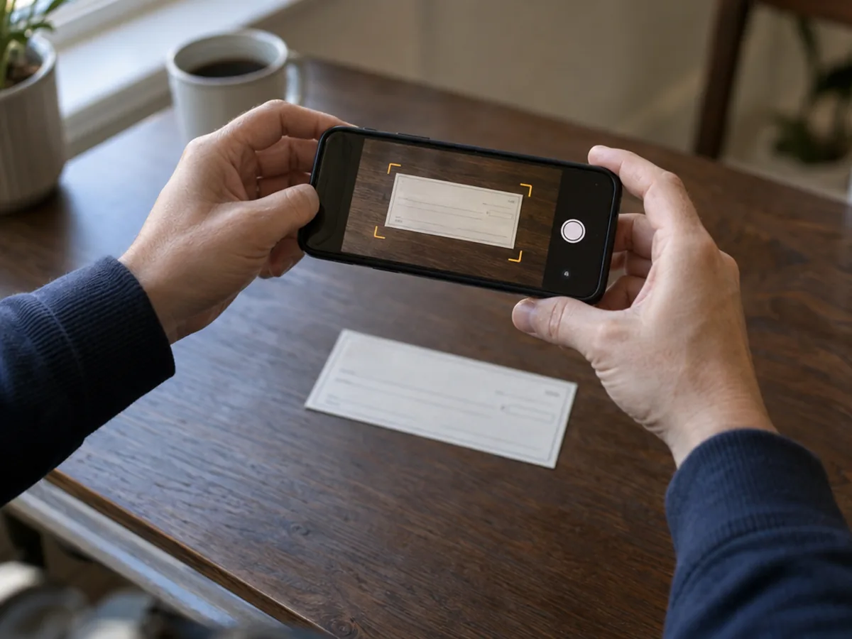 Illustration: depositing a check by taking a photo of it with a smartphone