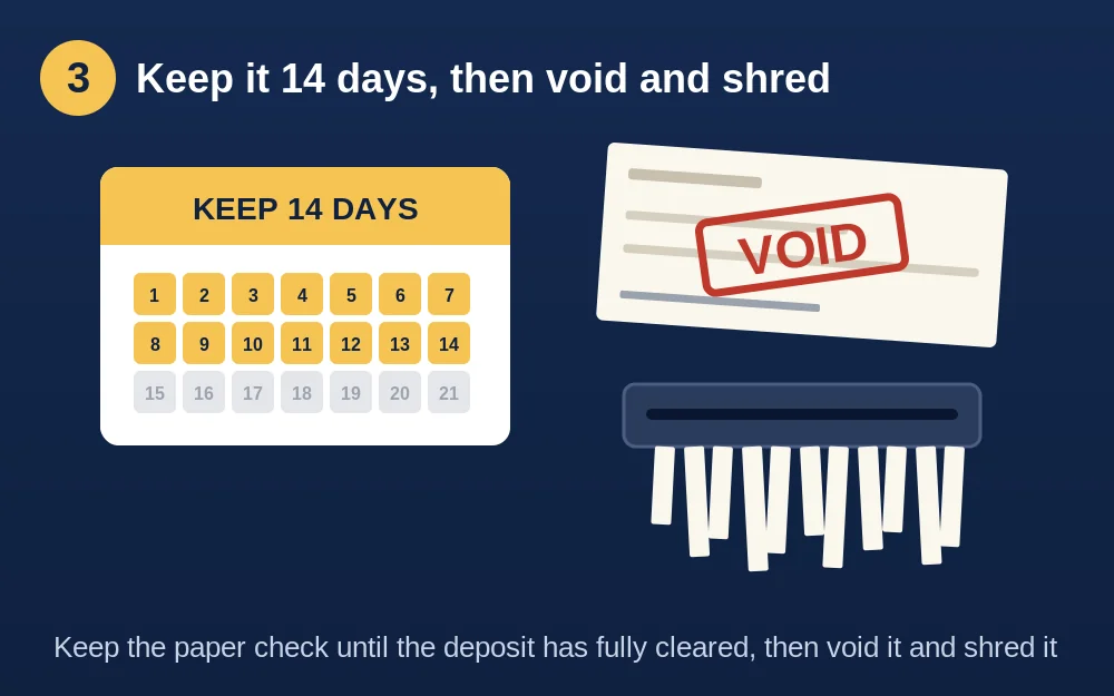 Keep the deposited check for 14 days, then void or shred it
