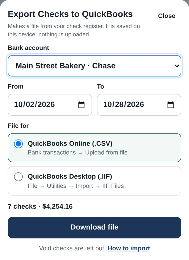 The export window with bank account, date range and file type