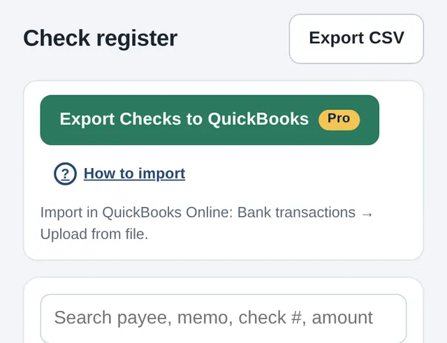 The Register screen with the Export Checks to QuickBooks button and its Pro badge